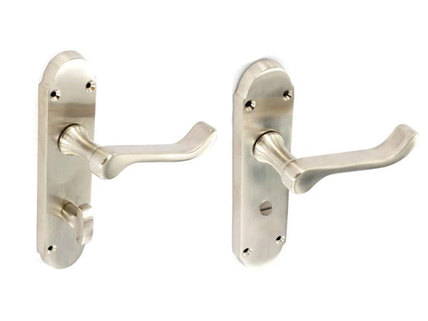 Securit Scroll Lever Lock Bathroom Door Handle With Shaped Backplate - Brushed Nickel Plated