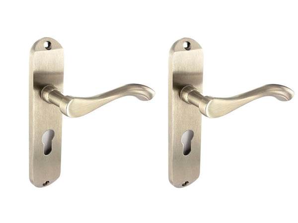 Securit Scroll Lever Euro Lock Door Handle With Backplate - Nickel Plated | Eurofit Direct