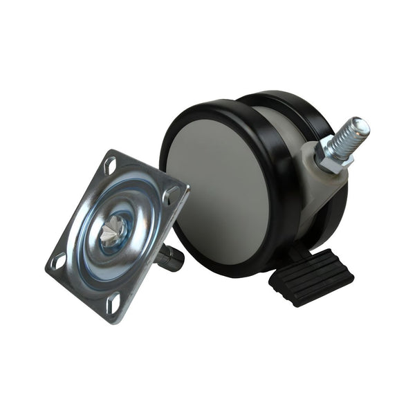Braked Twin Wheel Castor - 75mm Wheel Diameter - Plate Fixing - Eurofit Direct