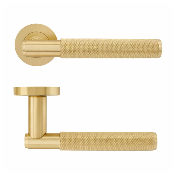 Knurled Lever on Rose Door Handle 139mm Satin Brass