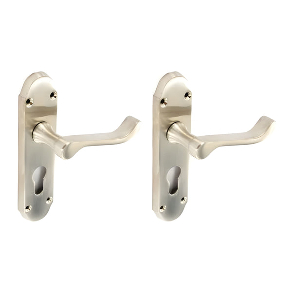 Securit Scroll Lever Euro Handle With Shaped Backplate 170mm Brushed Nickel Plated