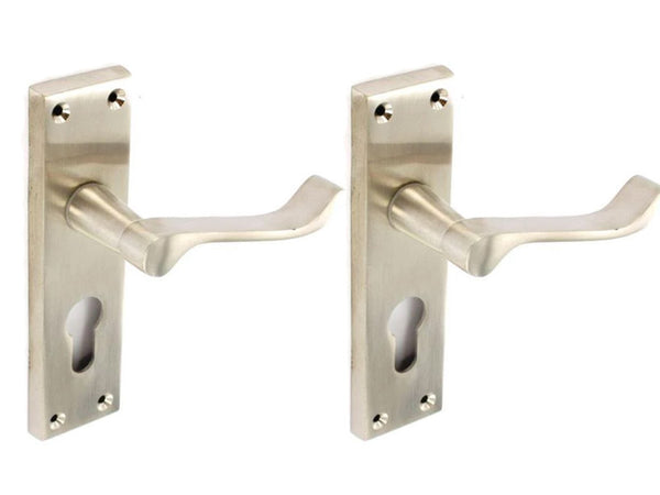 Securit Scroll Lever Euro Lock Handle With Backplate - Brushed Nickel Plated