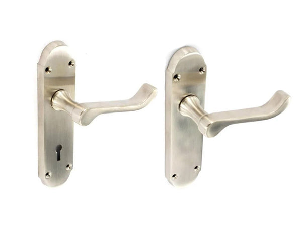 Securit Scroll Lever Lock Door Handle With Shaped Backplate - Brushed Nickel Plated